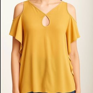 Max Studio London Ruffle Sides Cold Shoulder Top Yellow Size Medium NWT